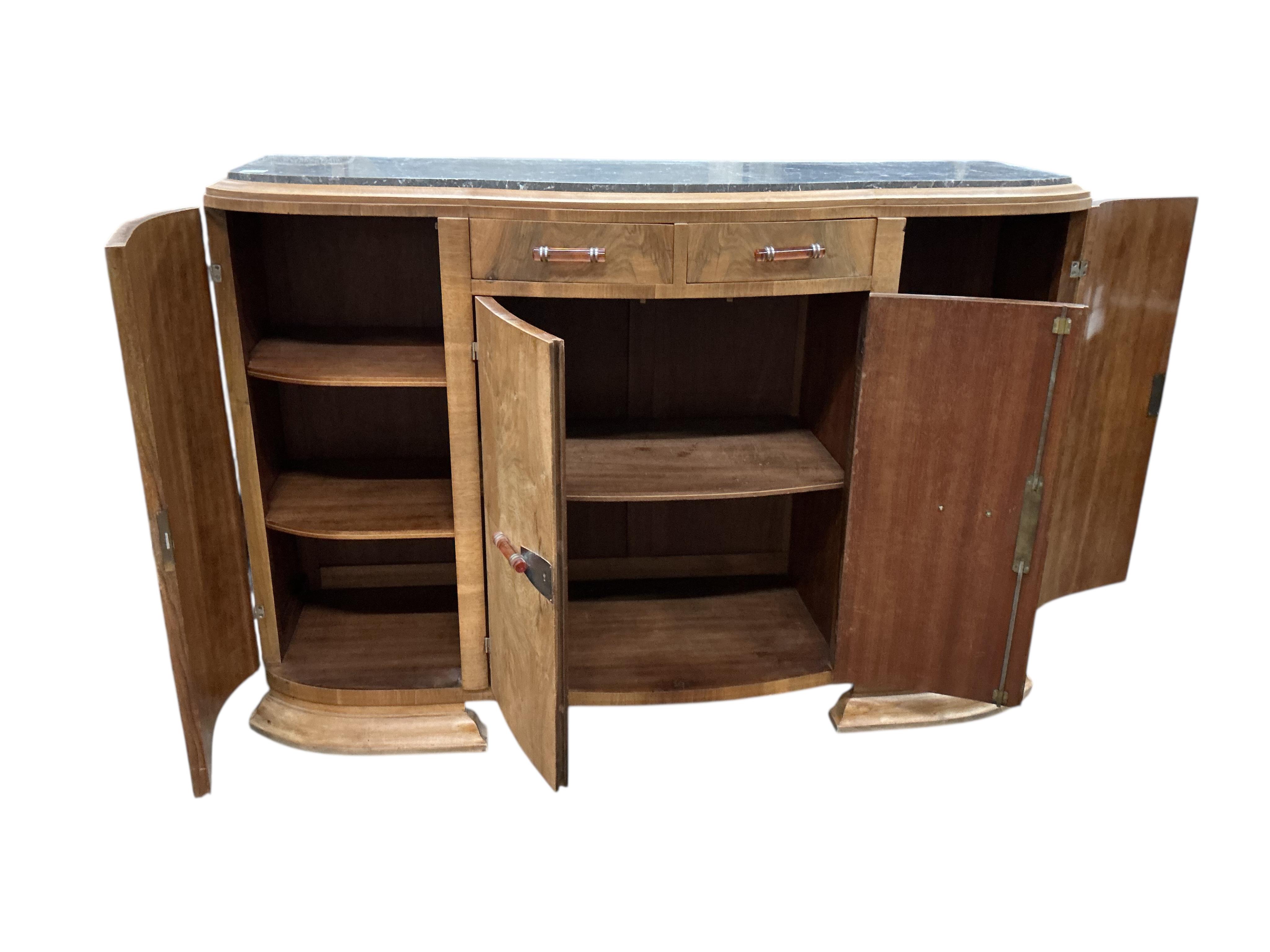 An Art Deco walnut marble topped bow front sideboard, width 158cm, depth 50cm, height 110cm